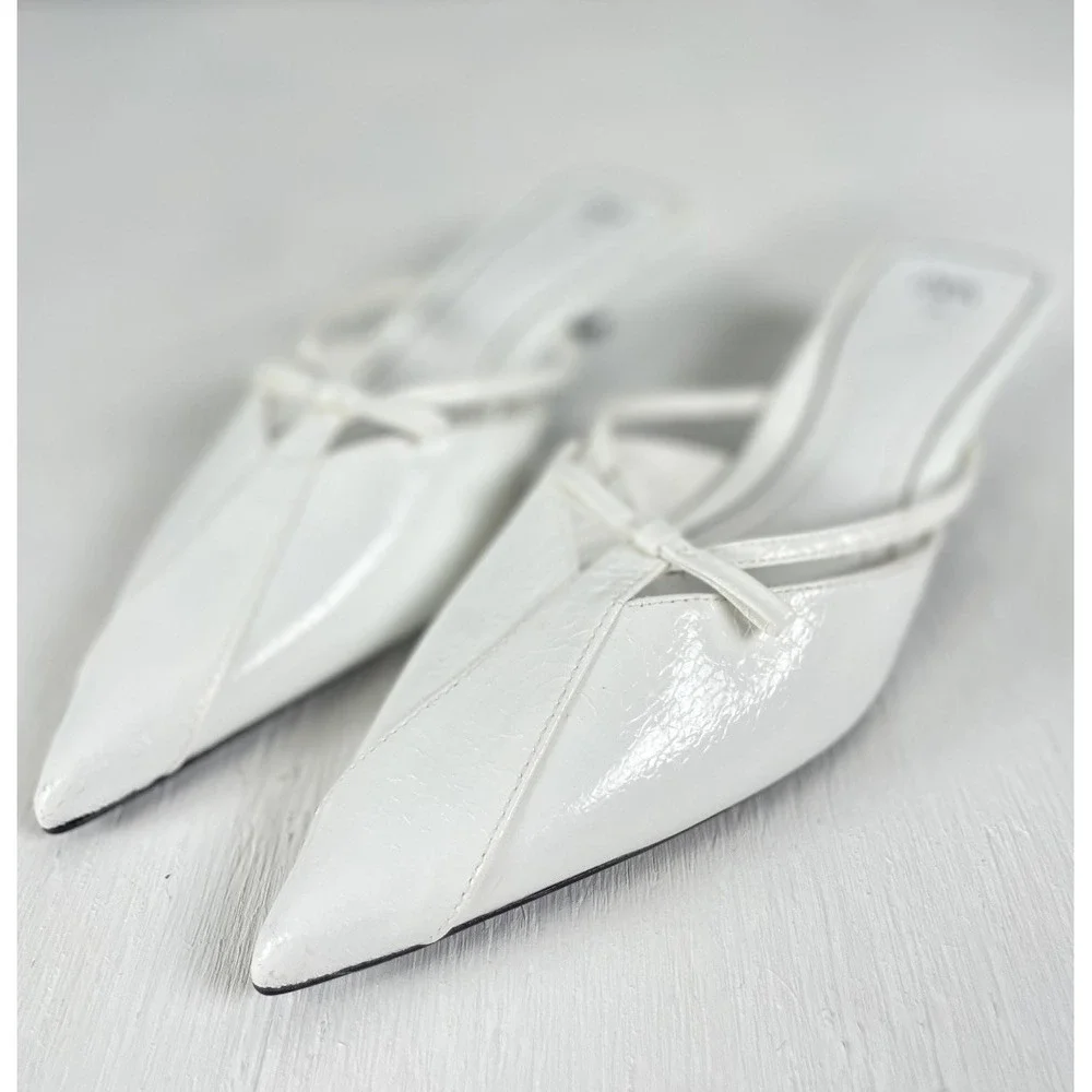 Zara White Bow Kitten Tiny Heal Slip On Point Toe Snake Skin Style Women 38 7.5 - Picture 13 of 14